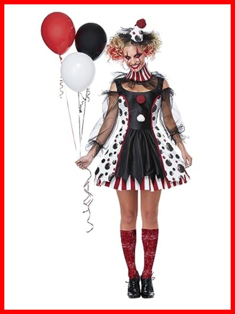 Women's Creepy Clown Costume Halloween Dress Hat Collar Socks